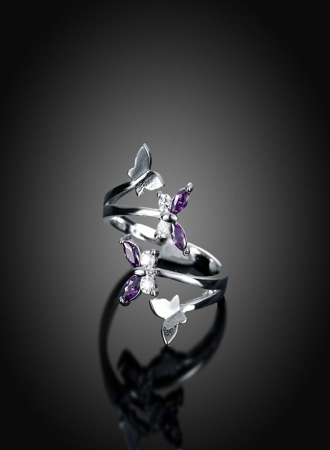 MAIHAO Women's Adjustable Size 925 Sterling Silver Butterfly White Birthstone CZ Butterfly Shape Purple Austrian Crystals Rings - Image 4